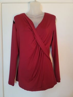 Draped Wine-Red Cold Shoulder Long Sleeve Surplice Top